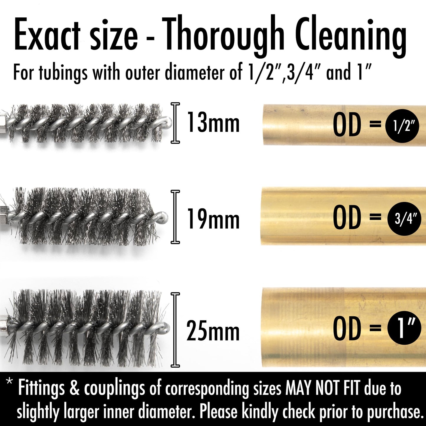 Vouyar 6pcs Copper Tube Pipe Cleaner, 1/2” 3/4” 1” Pipe Cleaning Brush Set, Stainless Steel Wire Bore Brushes for Power Drill, 1/4 Inch Hex Shank