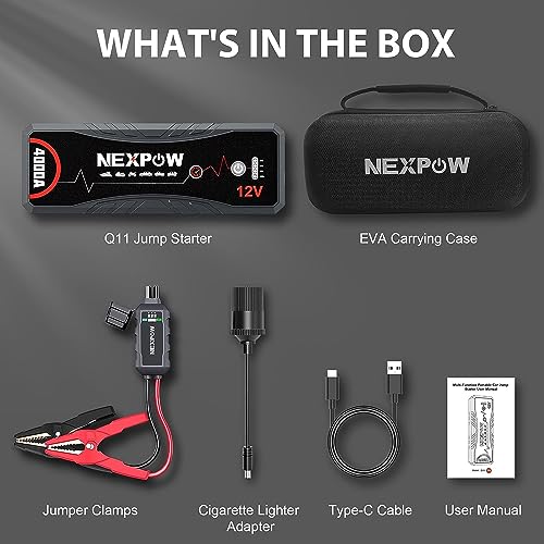 NEXPOW Car Jump Starter,4000A Peak Q11 Battery Jump Starter Pack Portable for Up to All Gas and 10.0L Diesel Engines,12V Auto Battery Booster,Jumper Cables, Lithium Jump Box with Built-in LED Light