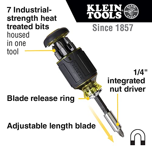 Klein Tools 32308 Multi-bit Stubby Screwdriver, Impact Rated 8-in-1 Adjustable Magnetic Tool with Phillips, Slotted, Square and Nut Driver