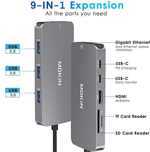 USB C Adapters for MacBook Pro/Air,Mac Dongle with 3 USB Port,USB C to HDMI, USB C to RJ45 Ethernet,MOKiN 9 in 1 100W Pd Charging, USB C to SD/TF Card Reader USB C Hub