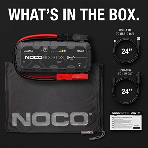 NOCO Boost X GBX155 4250A 12V UltraSafe Portable Lithium Jump Starter, Car Battery Booster Pack, USB-C Powerbank Charger, and Jumper Cables for Up to 10.0-Liter Gas and 8.0-Liter Diesel Engines, Gray