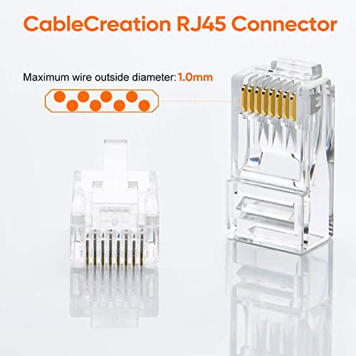 CableCreation Cat6 RJ45 Connectors, 100-PACK Cat6 RJ45 Ends, Ethernet Cable Crimp Connectors UTP Network Plug for Solid Wire and Standard Cable, Transparent