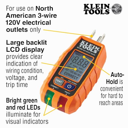 Klein Tools RT250 GFCI Outlet Tester with LCD Display, Electric Voltage Tester for Standard 3-Wire 120V Electrical Receptacles, Green,Red