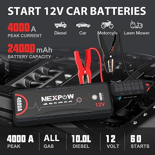 NEXPOW Car Jump Starter,4000A Peak Q11 Battery Jump Starter Pack Portable for Up to All Gas and 10.0L Diesel Engines,12V Auto Battery Booster,Jumper Cables, Lithium Jump Box with Built-in LED Light