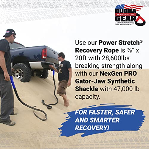 Bubba Rope Off-Road Truck Recovery Gear Set – Heavy-Duty Vehicle Tow Kit: Power Stretch Recovery Rope, 7/8” x 20’ - NexGen PRO Gator-Jaw Synthetic Shackles, 3/8” x 6.5” - Blue