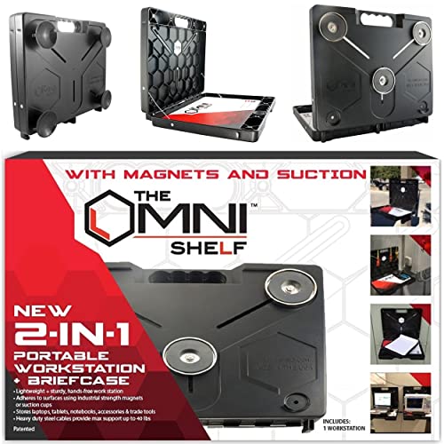 The OmniShelf Portable Workstation, Toolbox, Laptop Stand, Utility Shelf w/ 40 lb Capacity, Hands Free Workstation Attach to HVAC, Truck, Cabinet, Wall, Pole, Garage, etc. (Magnets & Suction Cups)