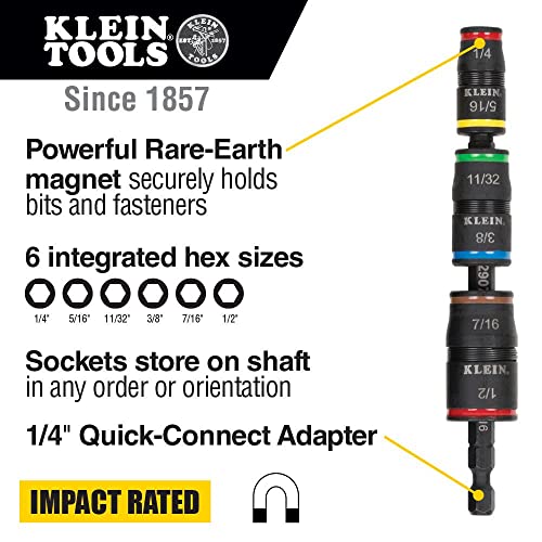 Klein Tools 32907 Impact Driver, 7-in-1 Impact Flip Socket Set, 6 Hex Driver Sizes plus a 1/4-Inch Bit Holder