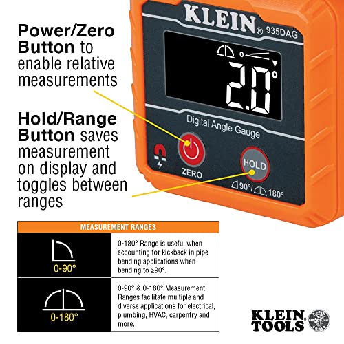 Klein Tools 935DAG Digital Electronic Level and Angle Gauge, Measures 0 - 90 and 0 - 180 Degree Ranges, Measures and Sets Angles