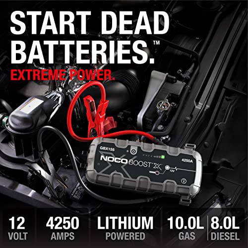 NOCO Boost X GBX155 4250A 12V UltraSafe Portable Lithium Jump Starter, Car Battery Booster Pack, USB-C Powerbank Charger, and Jumper Cables for Up to 10.0-Liter Gas and 8.0-Liter Diesel Engines, Gray