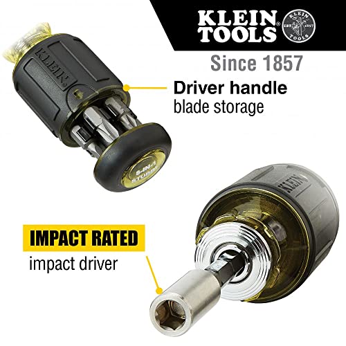 Klein Tools 32308 Multi-bit Stubby Screwdriver, Impact Rated 8-in-1 Adjustable Magnetic Tool with Phillips, Slotted, Square and Nut Driver