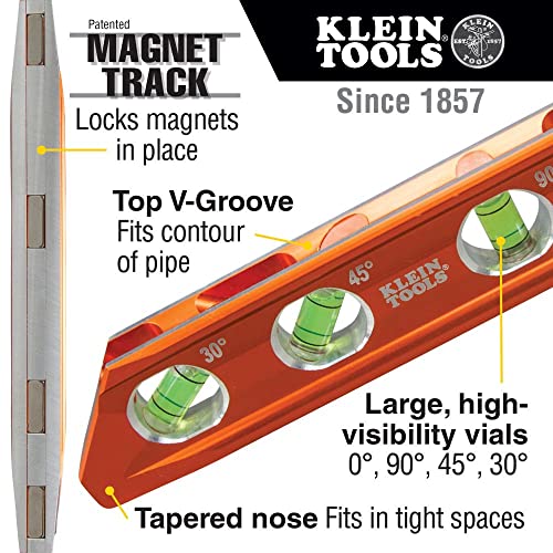 Klein Tools 935AB4V Level, 6.25-Inch Magnetic Torpedo Level is a Conduit Level with 4 Vials, V-Groove and Magnet Track, High Viz Orange