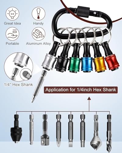 Push to Unlock,katerk 6pcs 1/4 inch Hex Shank Aluminum Alloy Screwdriver Bits Holder Light-Weight Quick-Change Extension Bar Keychain Drill Screw Adapter Change Portable,Black Carabiner,Gift for Men