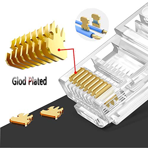 PETECHTOOL RJ45 Cat6 Cat5 Connectors Ends Gold Plated 8P8C Ethernet Pass Through Plug (100Pack)