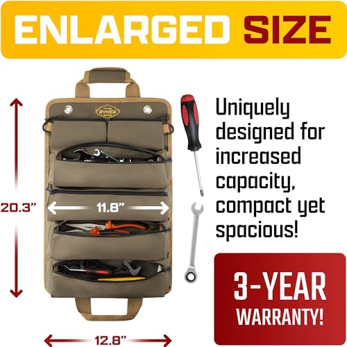 The Ryker Bag Tool Organizers - Small Tool Bag W/Detachable Pouches, Heavy Duty Roll Up Organizer : 6 Tool Pouches - Gifts for him Tool Roll Organizer For Mechanic, Electrician & Hobbyist