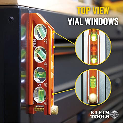 Klein Tools 935AB4V Level, 6.25-Inch Magnetic Torpedo Level is a Conduit Level with 4 Vials, V-Groove and Magnet Track, High Viz Orange