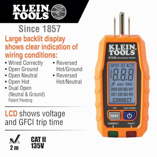 Klein Tools RT250 GFCI Outlet Tester with LCD Display, Electric Voltage Tester for Standard 3-Wire 120V Electrical Receptacles, Green,Red