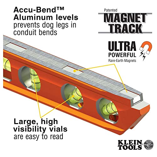 Klein Tools 935AB4V Level, 6.25-Inch Magnetic Torpedo Level is a Conduit Level with 4 Vials, V-Groove and Magnet Track, High Viz Orange