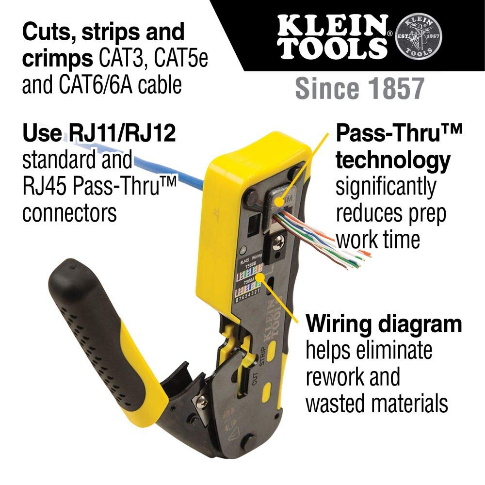 Klein Tools VDV226-110 Ratcheting Modular Data Cable Crimper / Wire Stripper / Wire Cutter for RJ11/RJ12 Standard, RJ45 Pass-Thru Connectors